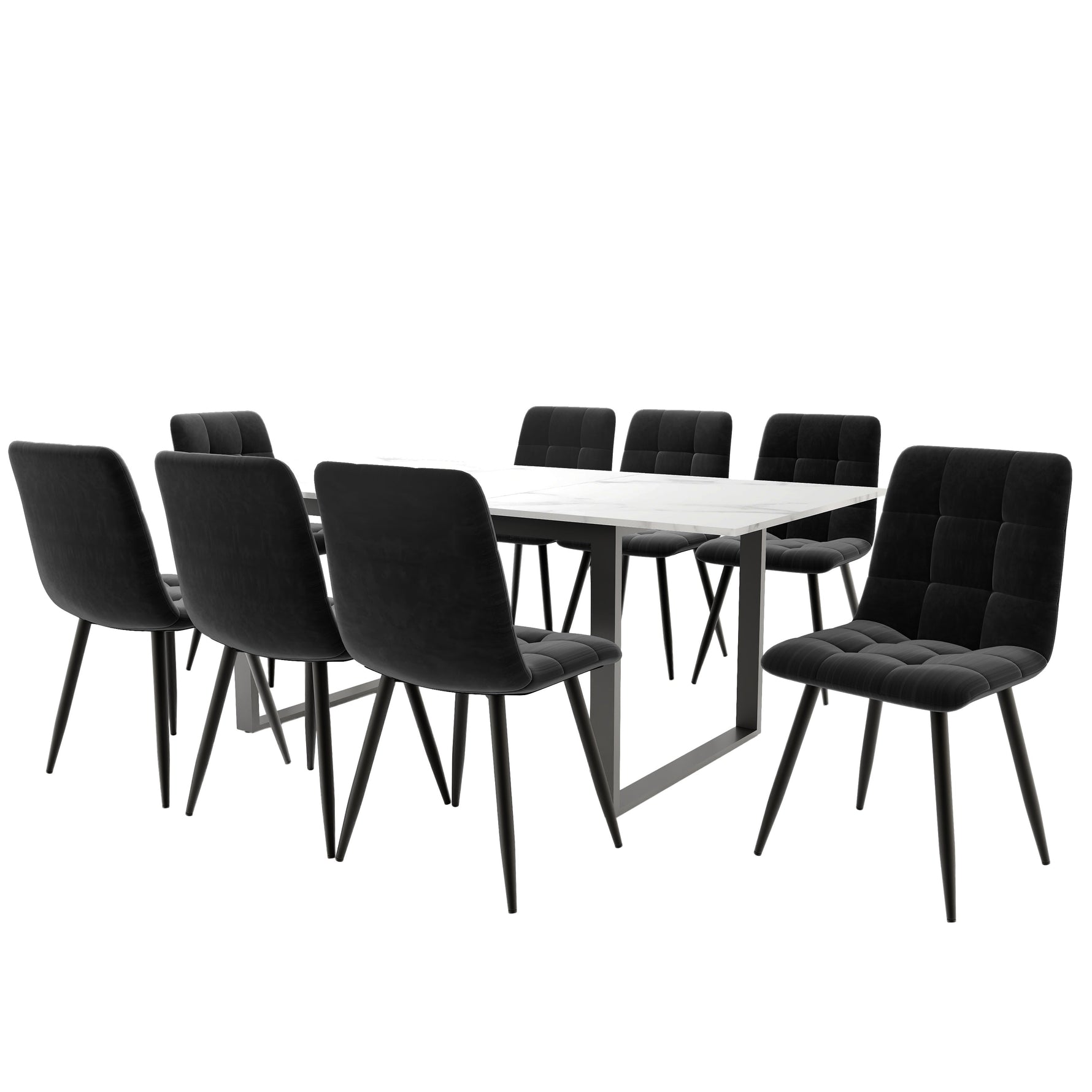 Dining Set Extendable Table 8 Black Velvet Chairs White/Black