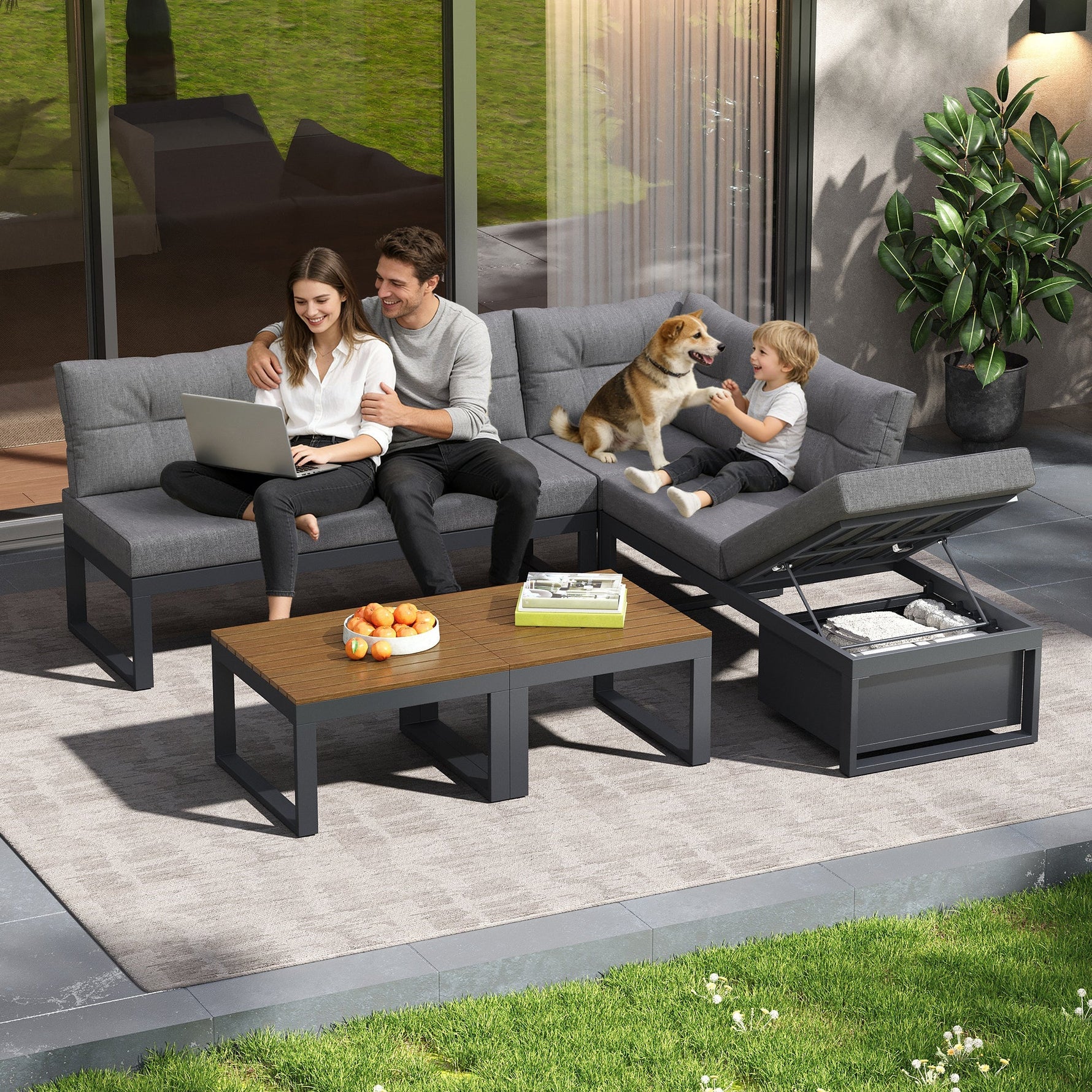 Multi-purpose Garden Furniture Set with Adjustable Backrest, Reclining Function and Storage, Dark Grey