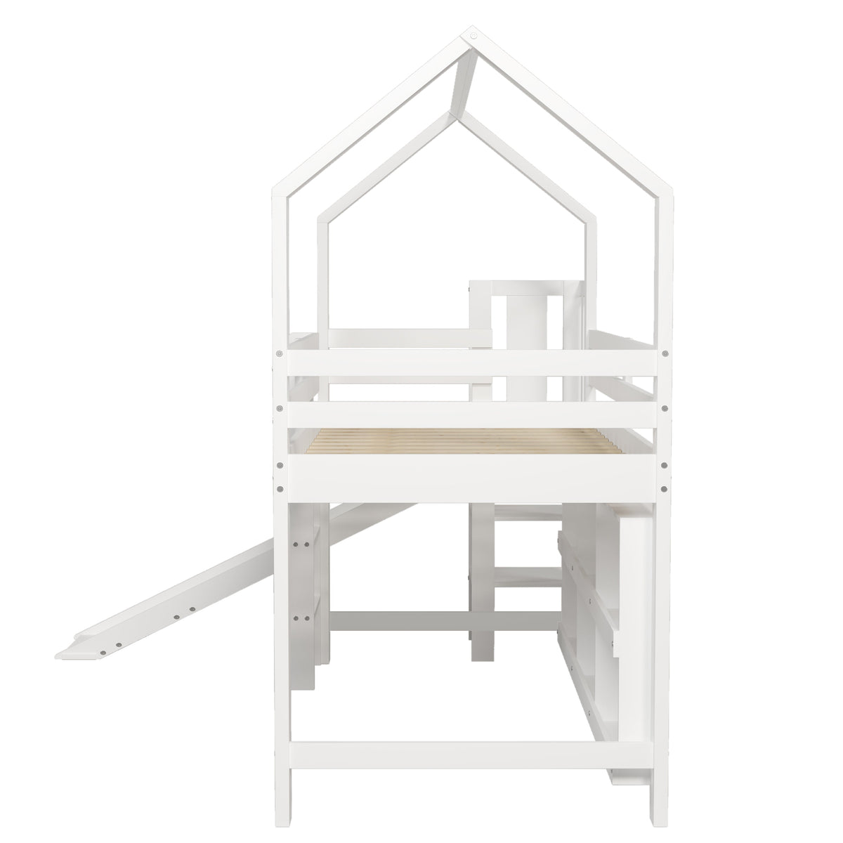 Multifunctional Children's Bed with Slide, Stairs, Locker and Shelf, 90x200cm, White Solid Wood + MDF