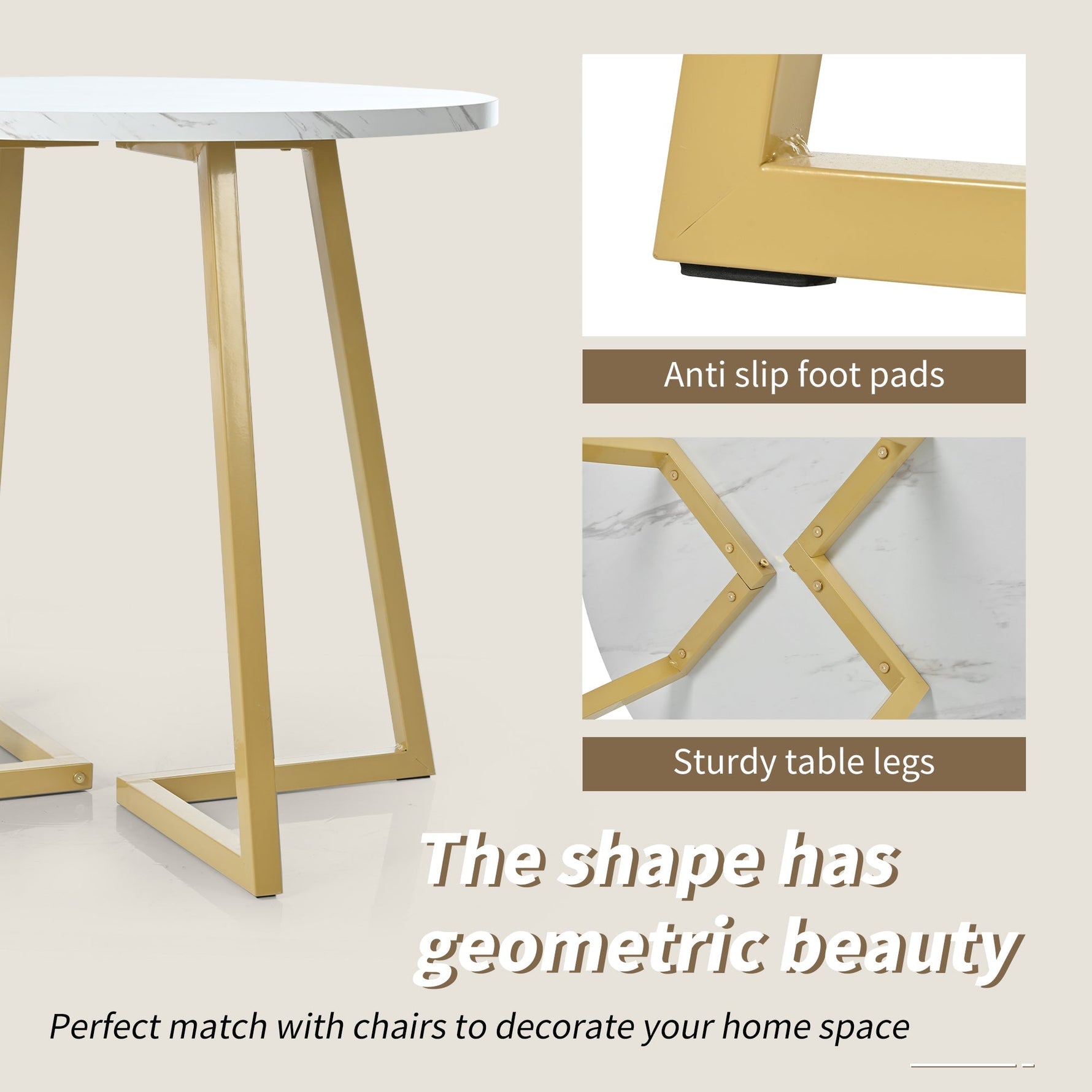 Round Dining Table Unique Metal Frame Marble Pattern White/Gold