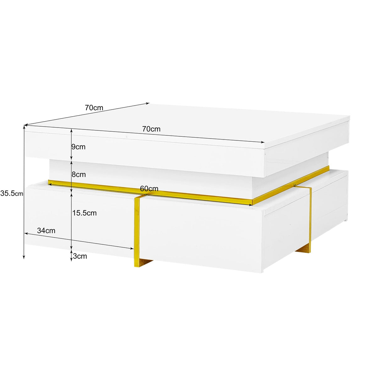 Coffee Table High-Gloss Drawers Gold Accents