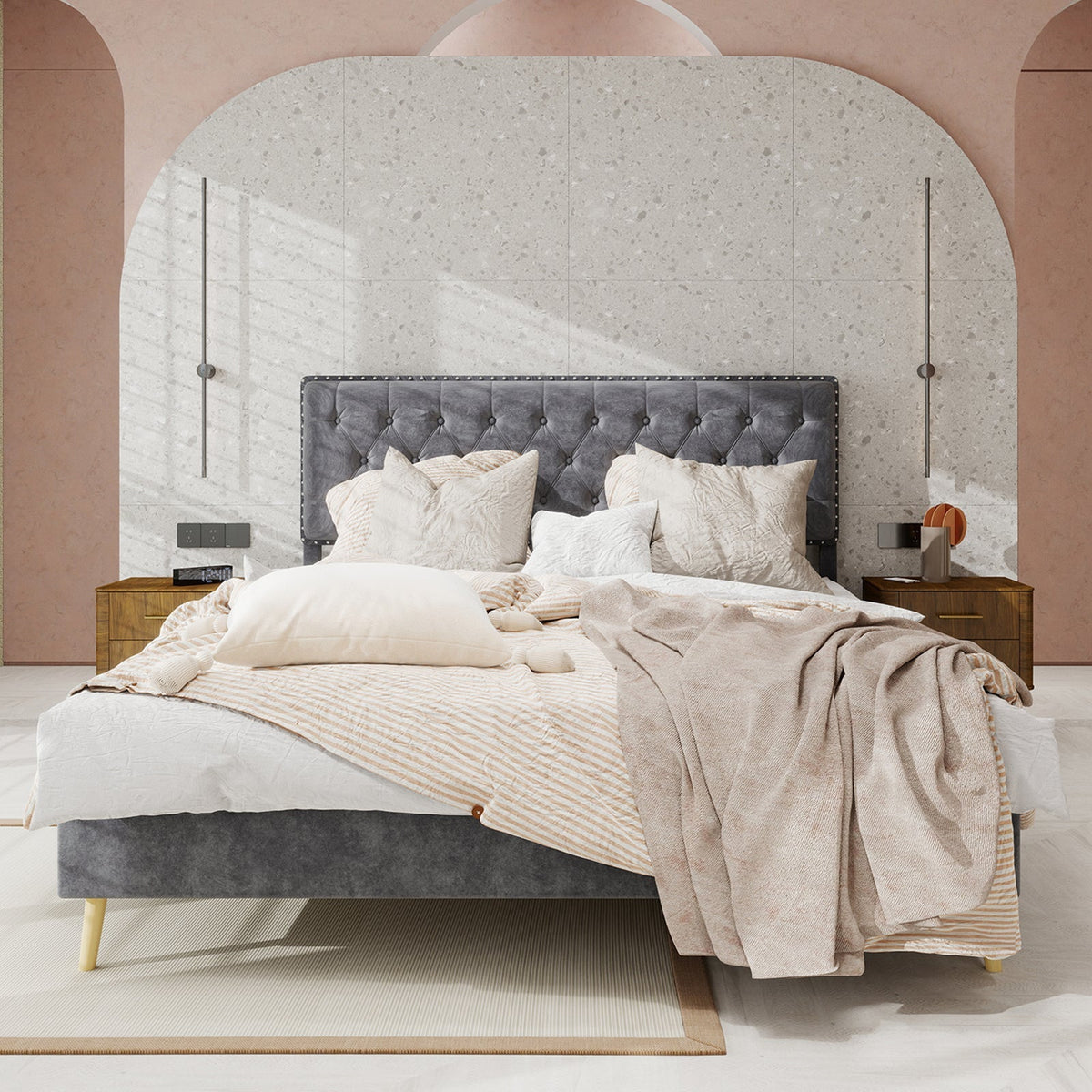 Modern Minimalist Soft Bed, Comfortable Headboard, Low Box Frame, Gray