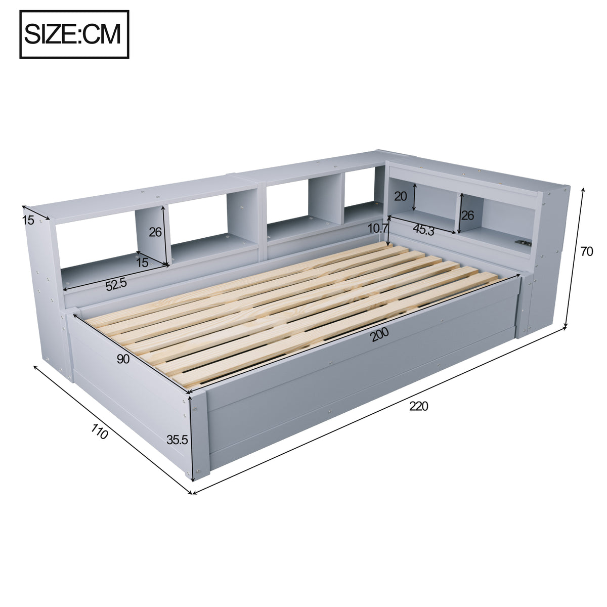 Sofa Bed 90x200cm with Storage, Socket & LED, Grey Wood