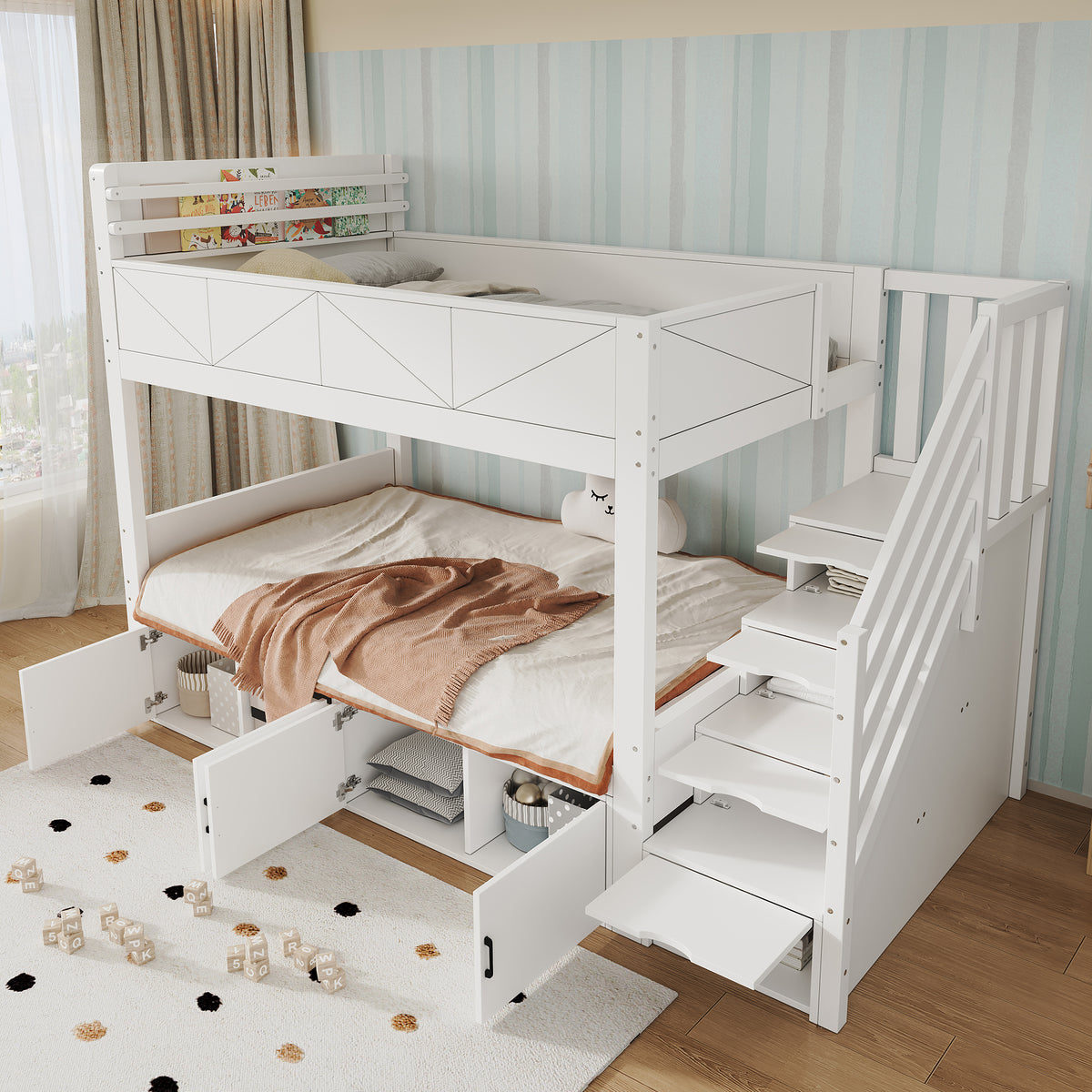 Bunk Bed 90x200 cm with Storage Stairs & Bookshelf, White