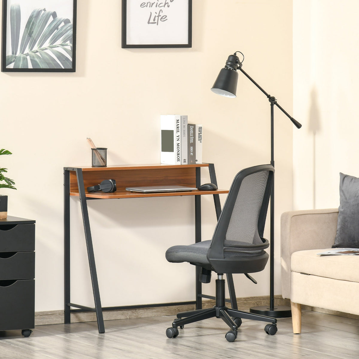 Desk Computer Table, Storage & Cable Management, Metal Walnut