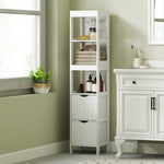 Slim Bathroom Cabinet, Tall with 2 Drawers, 3 Open Compartments, White