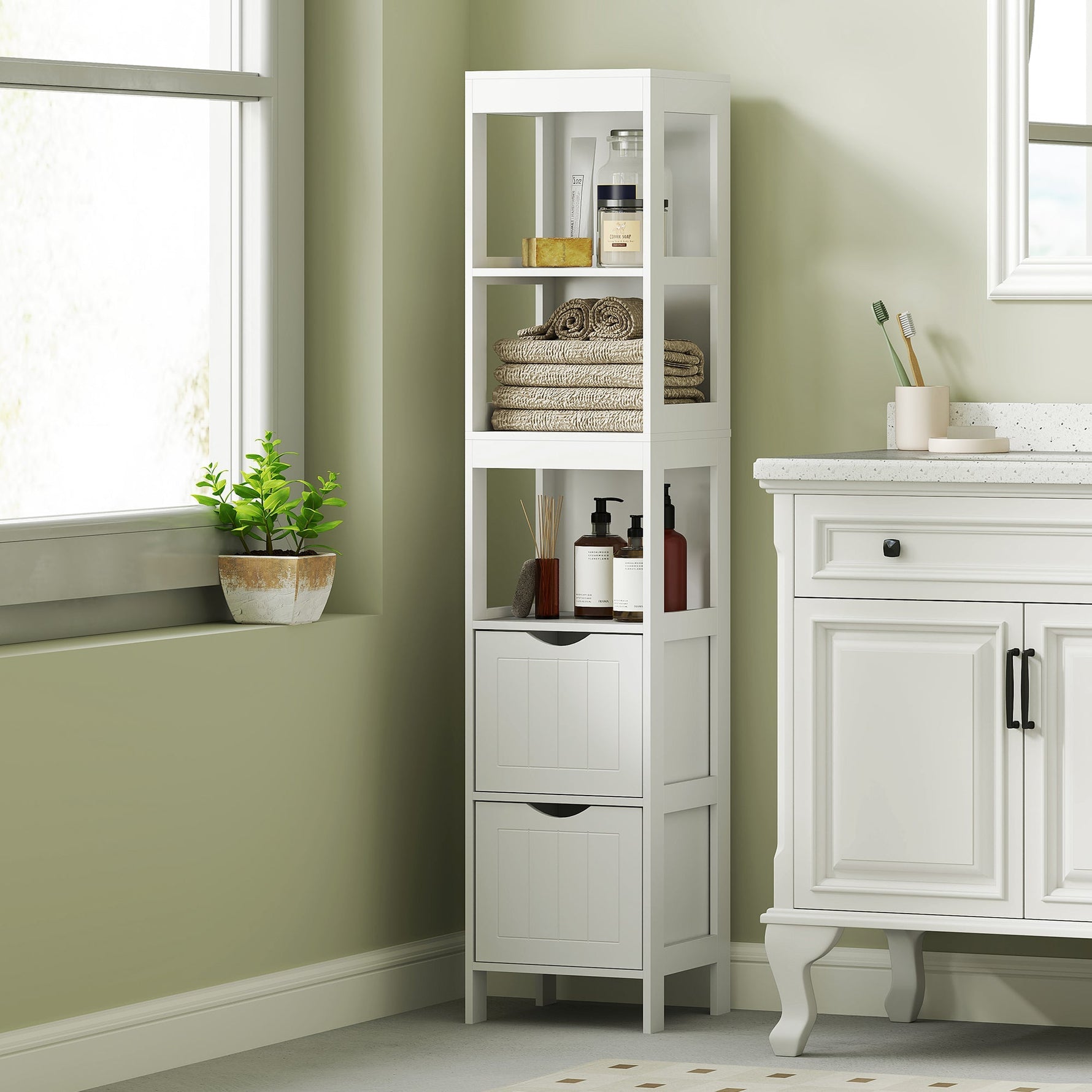Slim Bathroom Cabinet, Tall with 2 Drawers, 3 Open Compartments, White