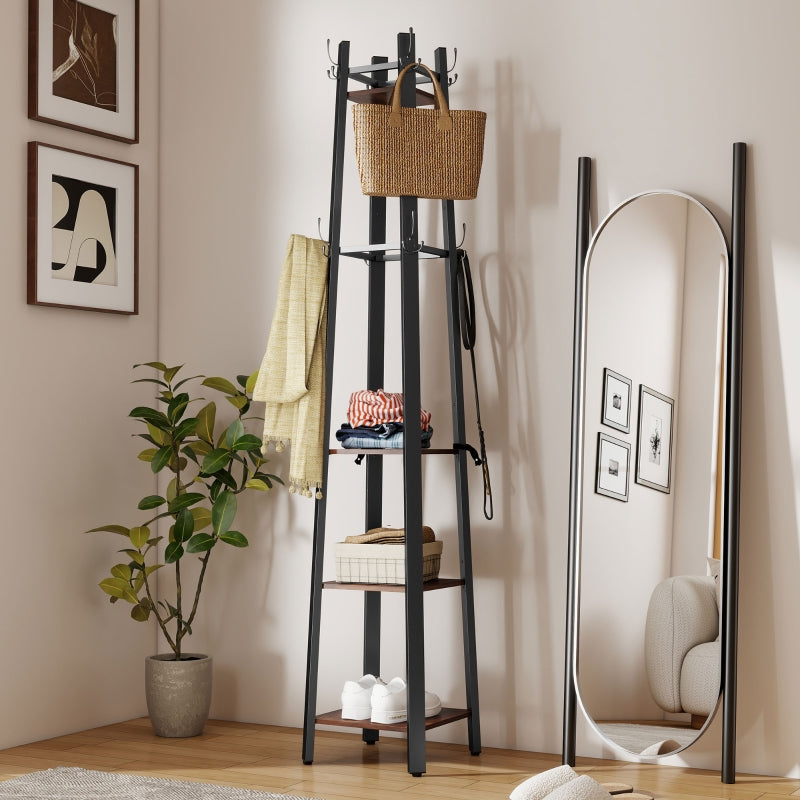 Coat Rack, 4-Tier Freestanding with 8 Hooks and 4 Shelves, Industrial Style, Brown