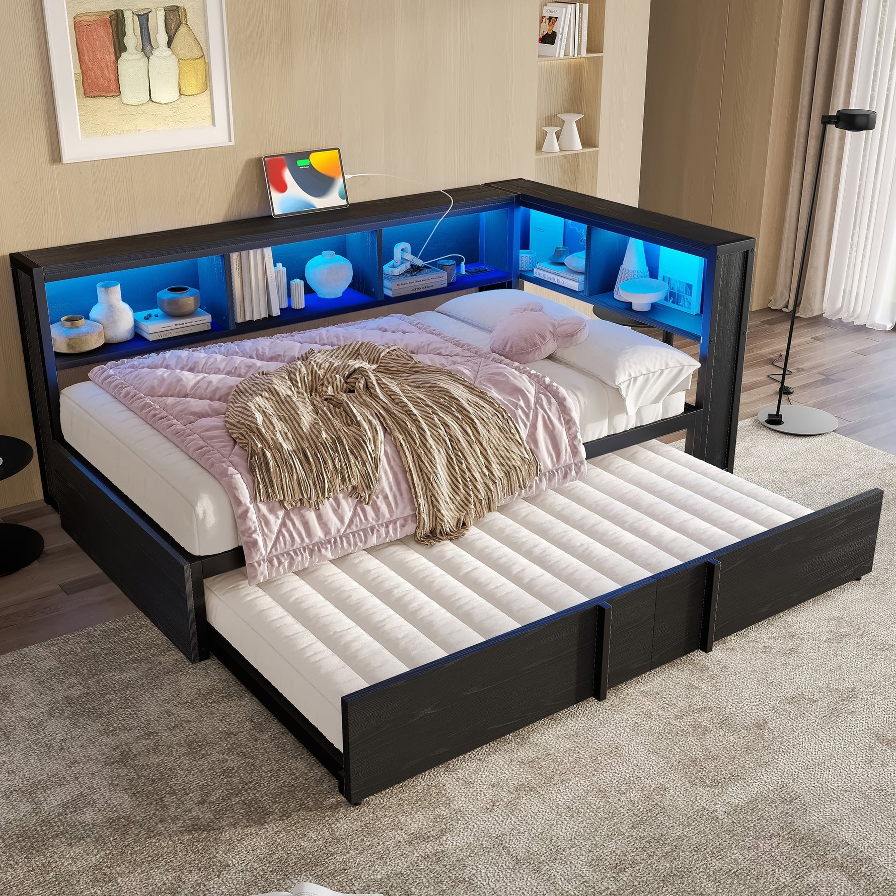 Metal Daybed with Pull-out Bed, Storage Cabinets, LED Lighting and USB Ports, 90x200cm, Black Metal