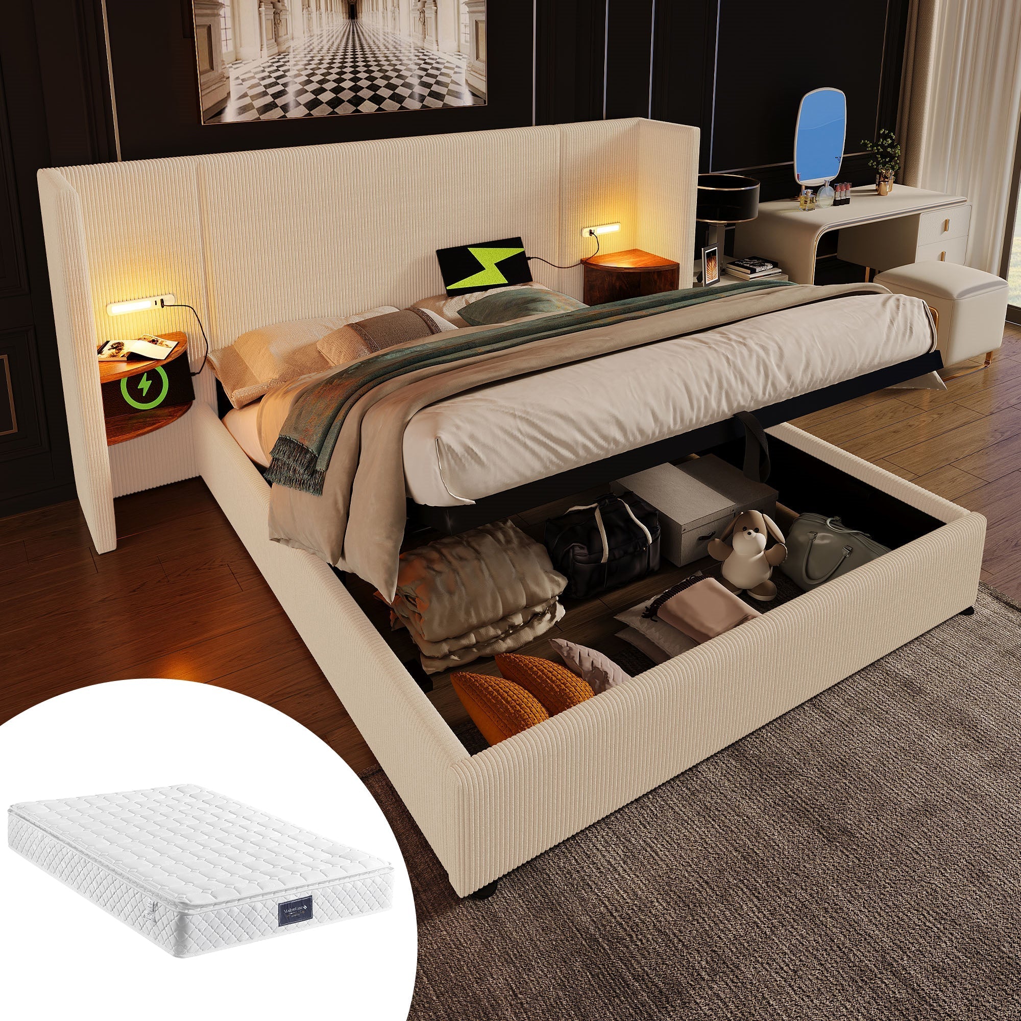 Upholstered Bed, 160x200, Storage, Lamp, USB-C, Beige-White Corduroy