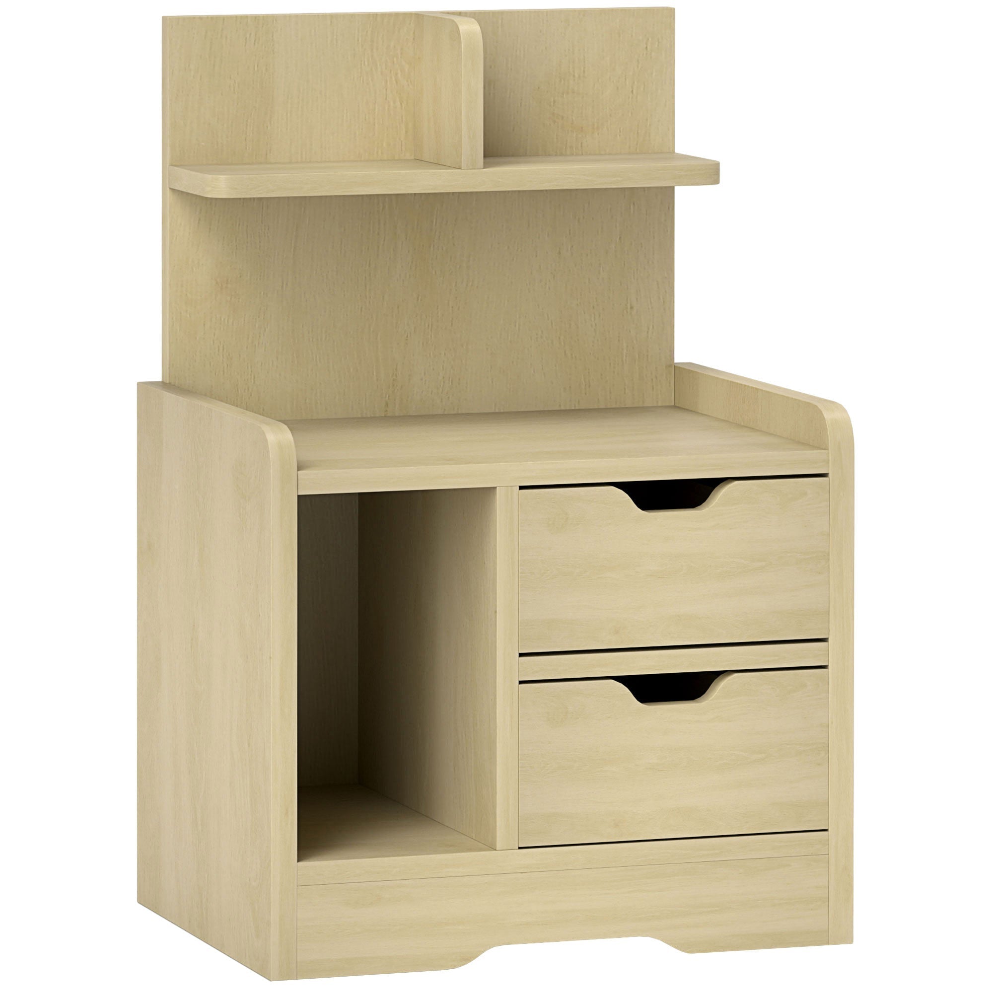 Bedside Table, 2 Drawers, Open Shelf, Natural Wood
