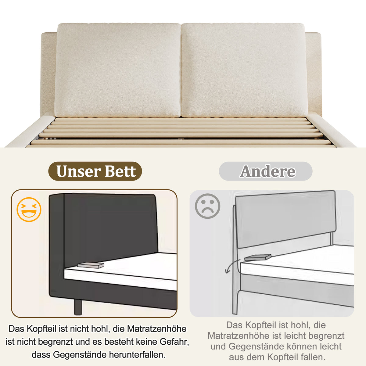 Upholstered Double Bed 180x200cm with Slatted Base, Beige Bouclé