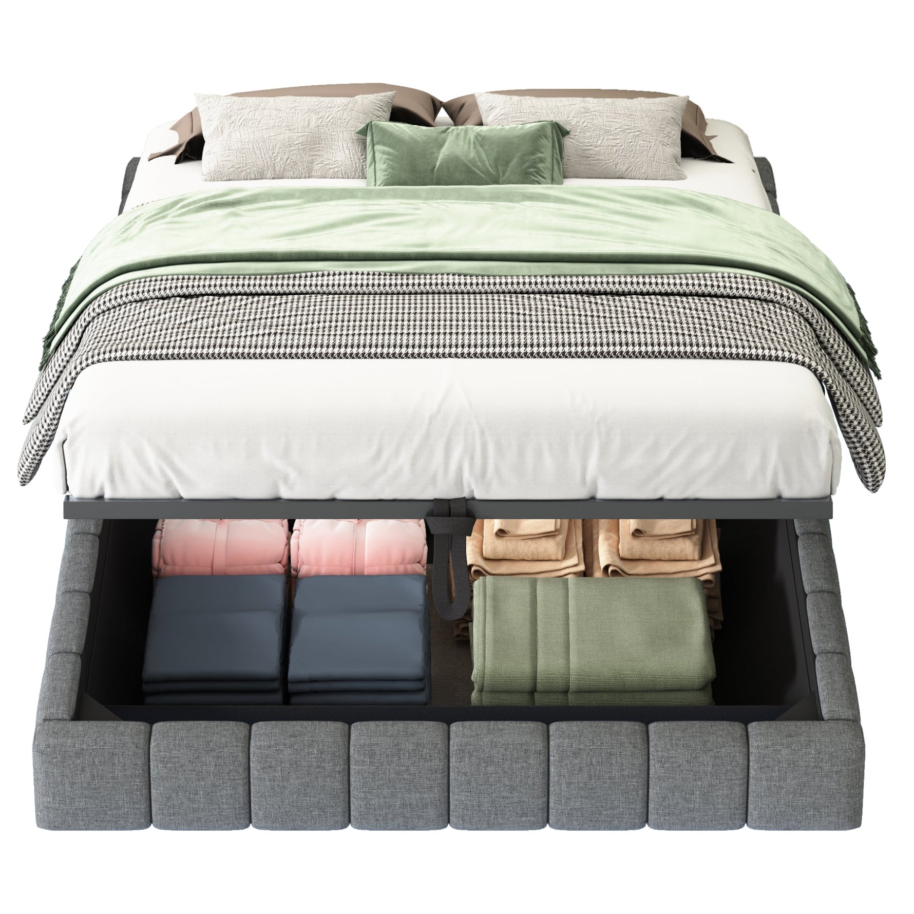 Upholstered Bed 140x200cm, Hydraulic Floating Frame Storage LED Light, Linen Grey