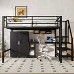 Loft Bed 140x200cm Wardrobe Shelves Storage Ladder Desk, Black