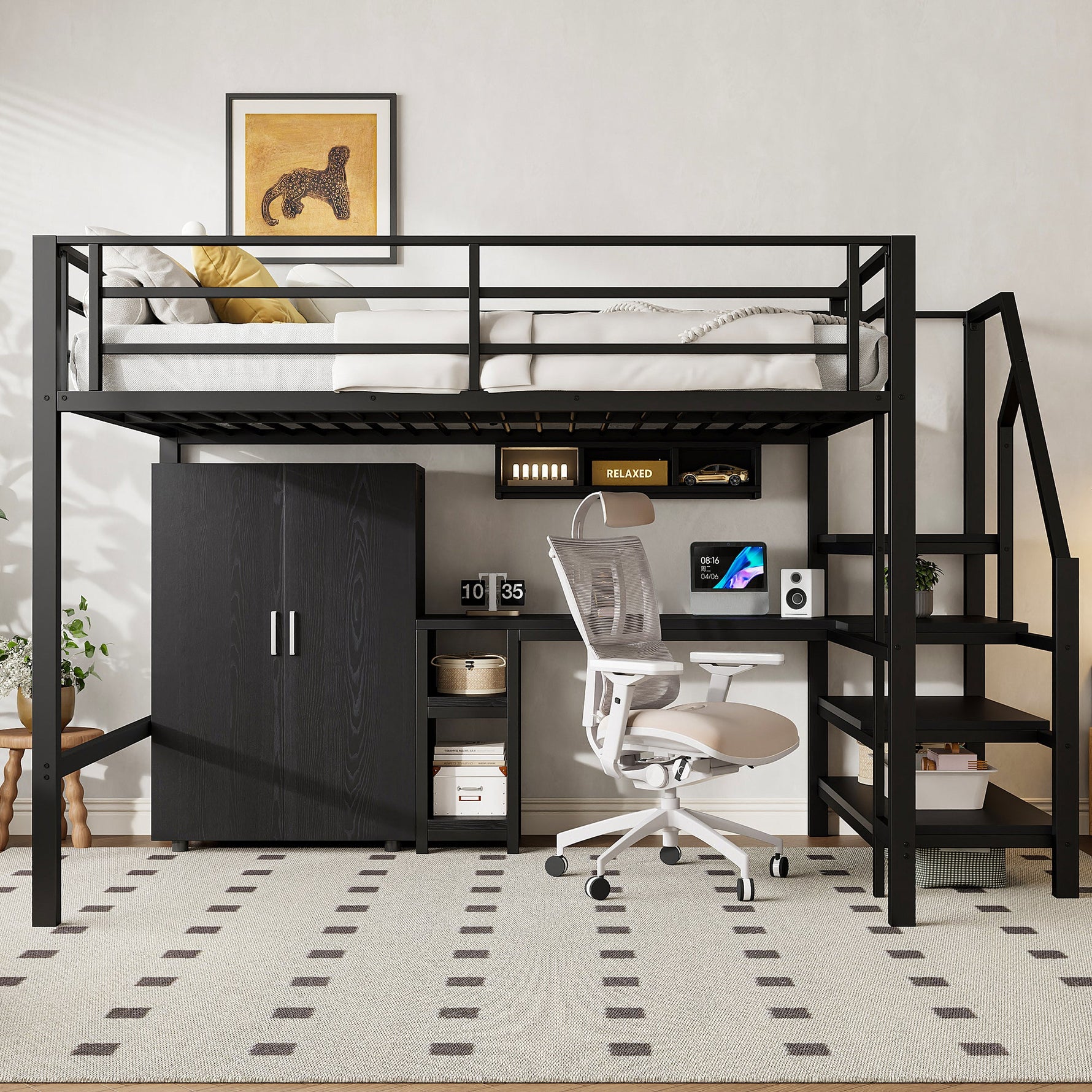 Loft Bed 140x200cm Wardrobe Shelves Storage Ladder Desk, Black