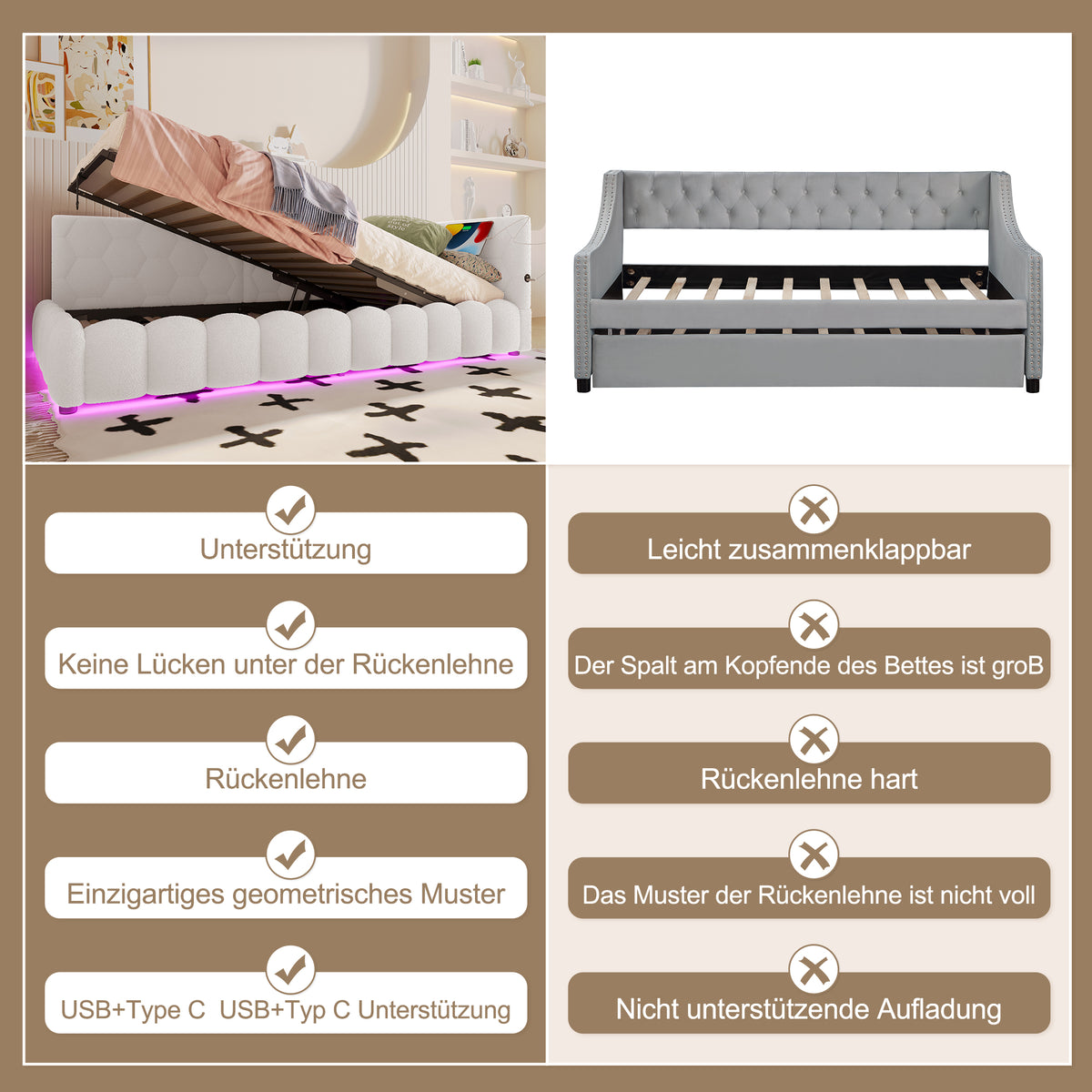 Daybed 90x200cm LED Hydraulic Storage USB White Imitation Fleece