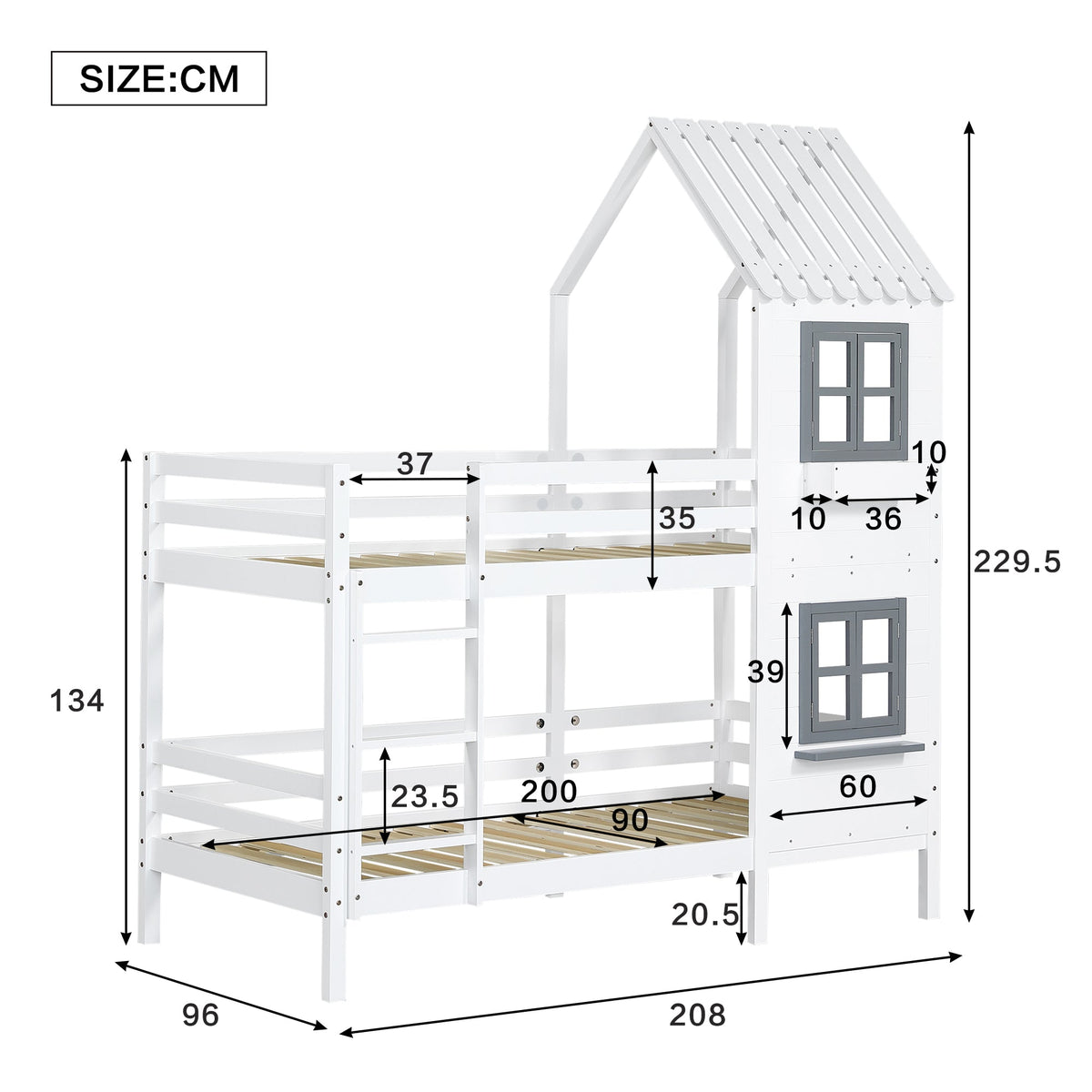 Bunk Bed, House Bed with Handrail & Window, Pine Frame, White