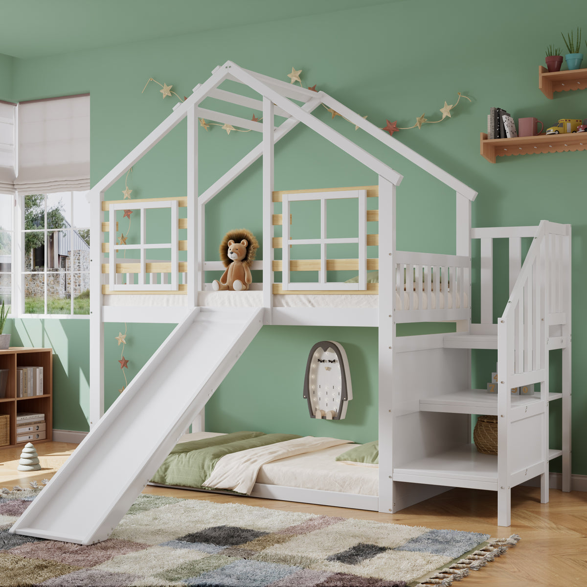 Bunk Bed with Slide & Stairs - Kids Cabin Bed, White Solid Wood