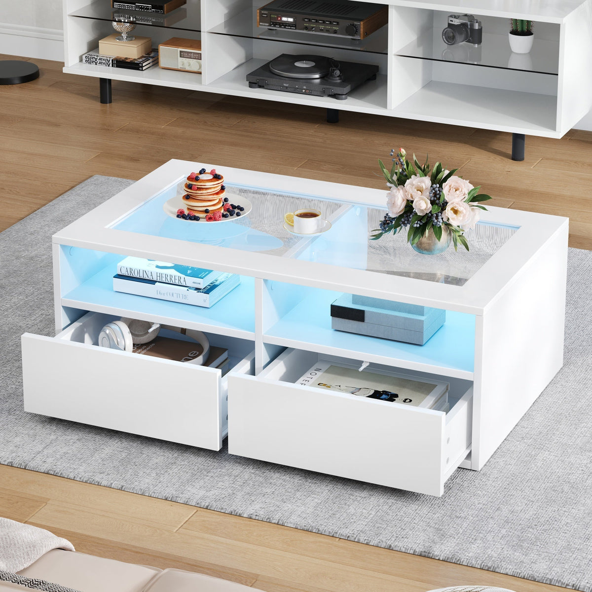 Coffee Table with LED Light and 2 Drawers, Glass and White