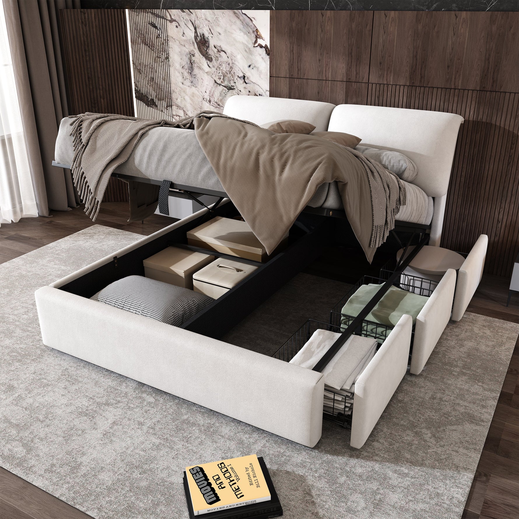Upholstered Bed 140x190cm Hydraulic Storage 3 Drawers Velvet Beige