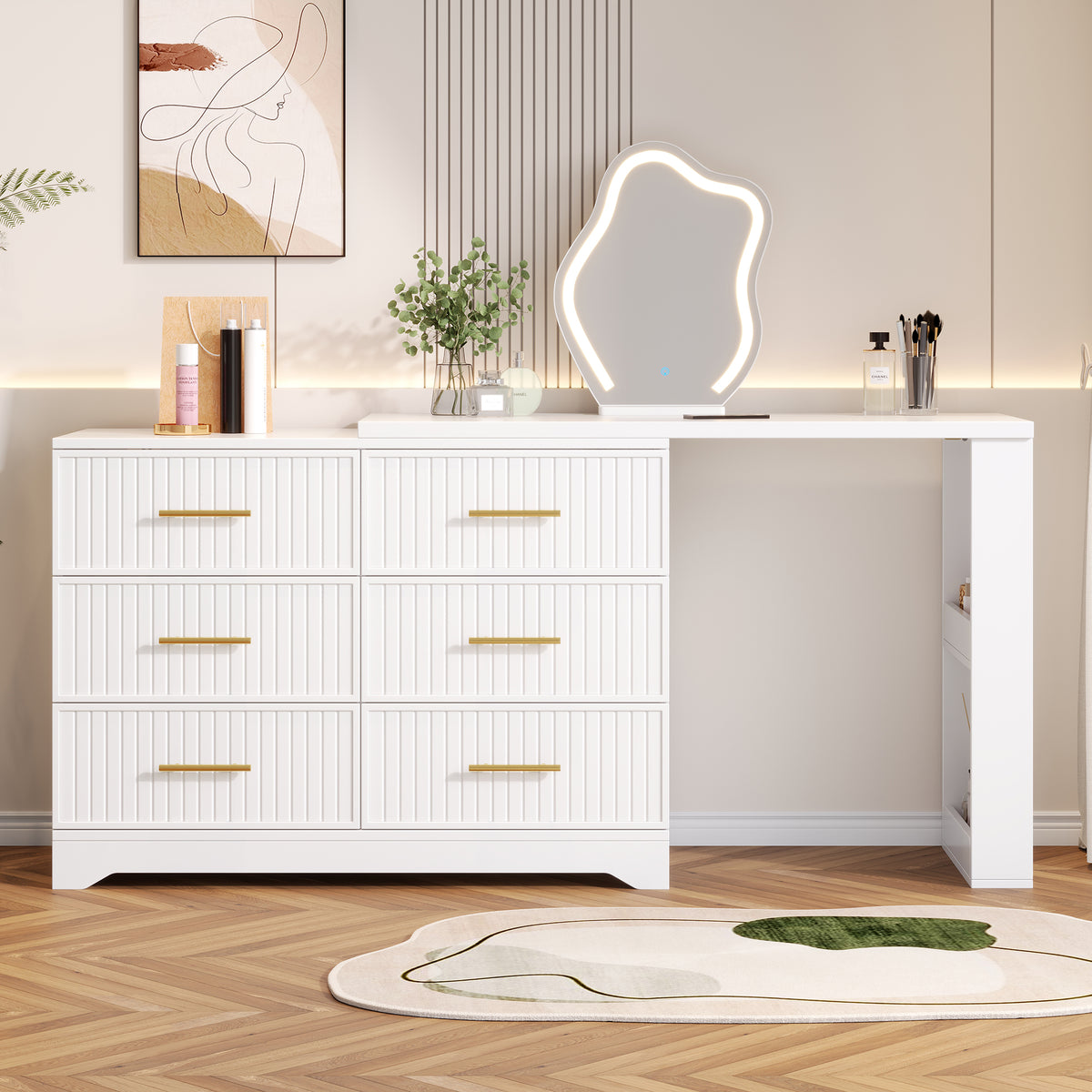 Rotating Dressing Table with LED Lighting, 110x40x129 cm, White