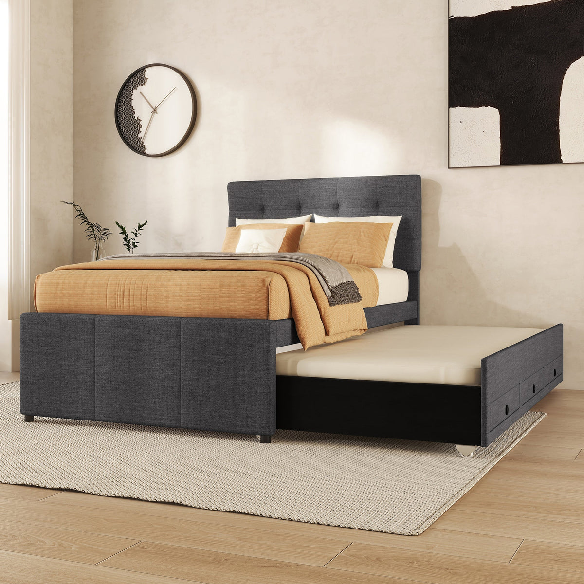 Upholstered Bed 90x200cm Pull-out Trundle 3 Drawers Adjustable Headboard - Grey