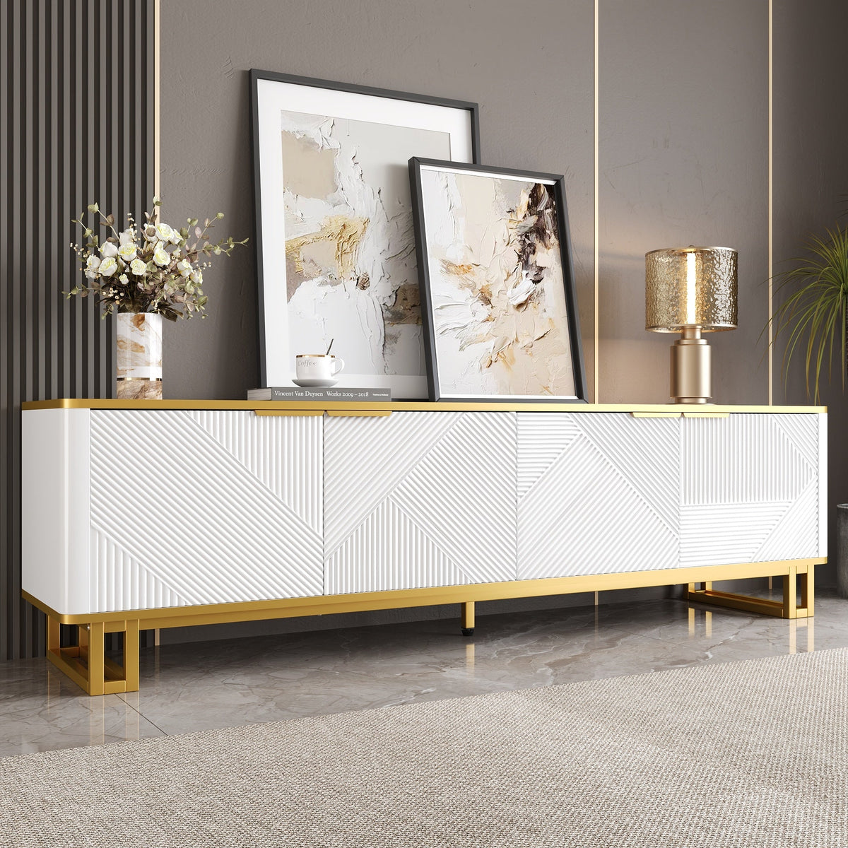 TV Cabinet Four Doors Geometric Texture 160x37.5x48cm White