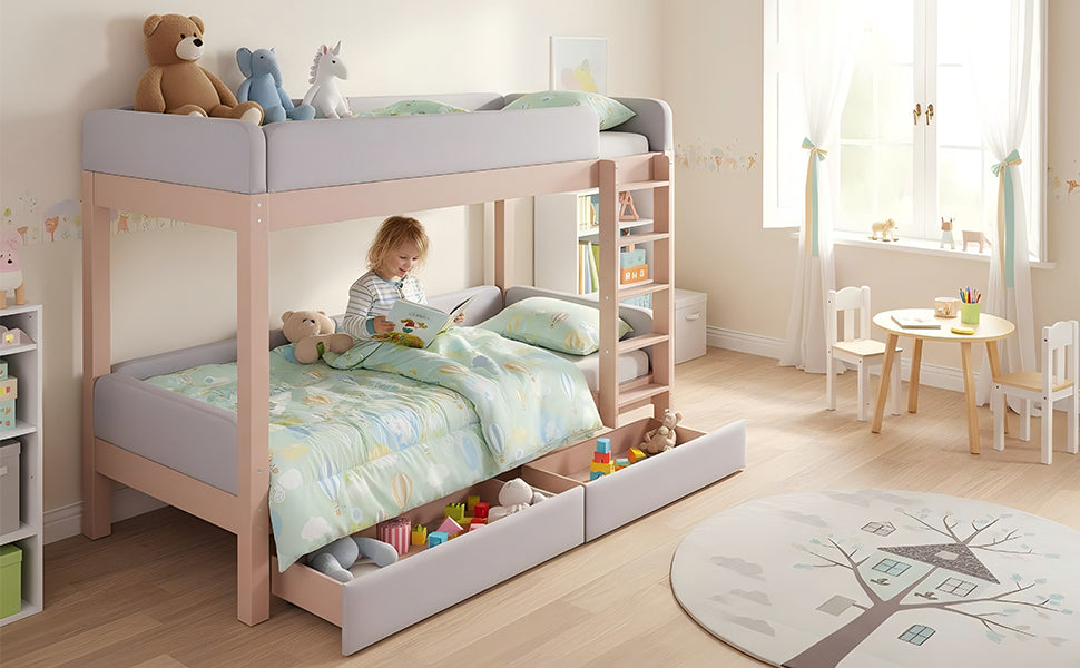 Bunk Bed with Anti-Collision Edge, Straight Staircase and Two Drawers, 90x200cm, Grey and Natural Rubberwood + MDF