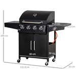 Gas BBQ Grill, 3 Burners 3kW Mobile Cart Side Tables, Metal