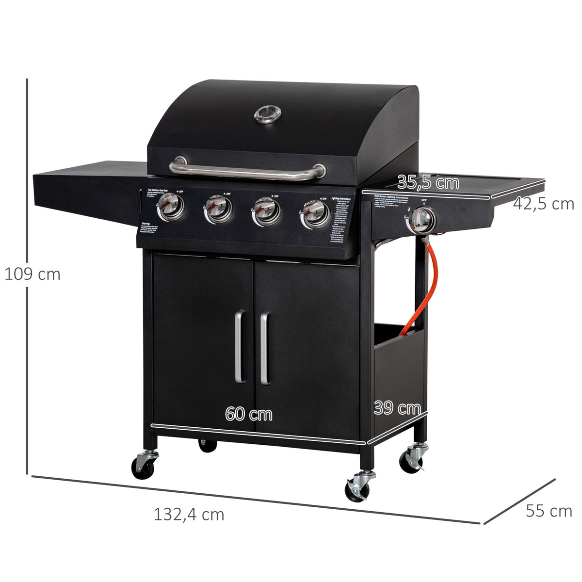 Gas BBQ Grill, 3 Burners 3kW Mobile Cart Side Tables, Metal