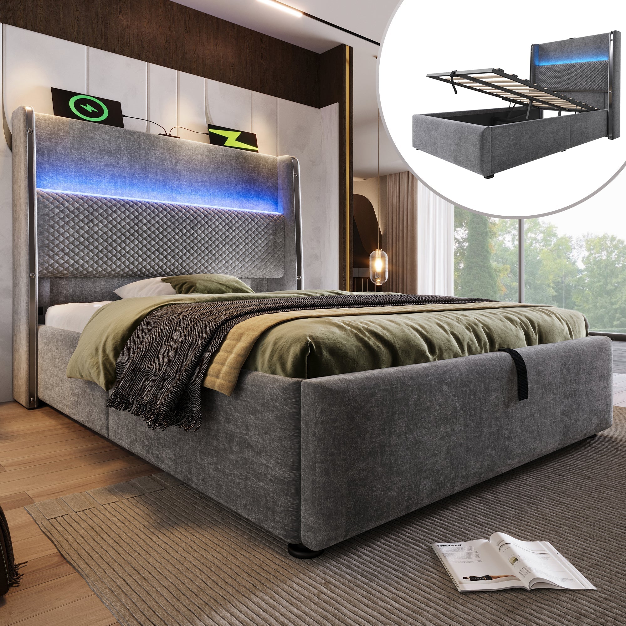 Hydraulic Bed 90x200cm Single, High Headboard, LED, Storage, USB/Type-C, Linen Look Grey
