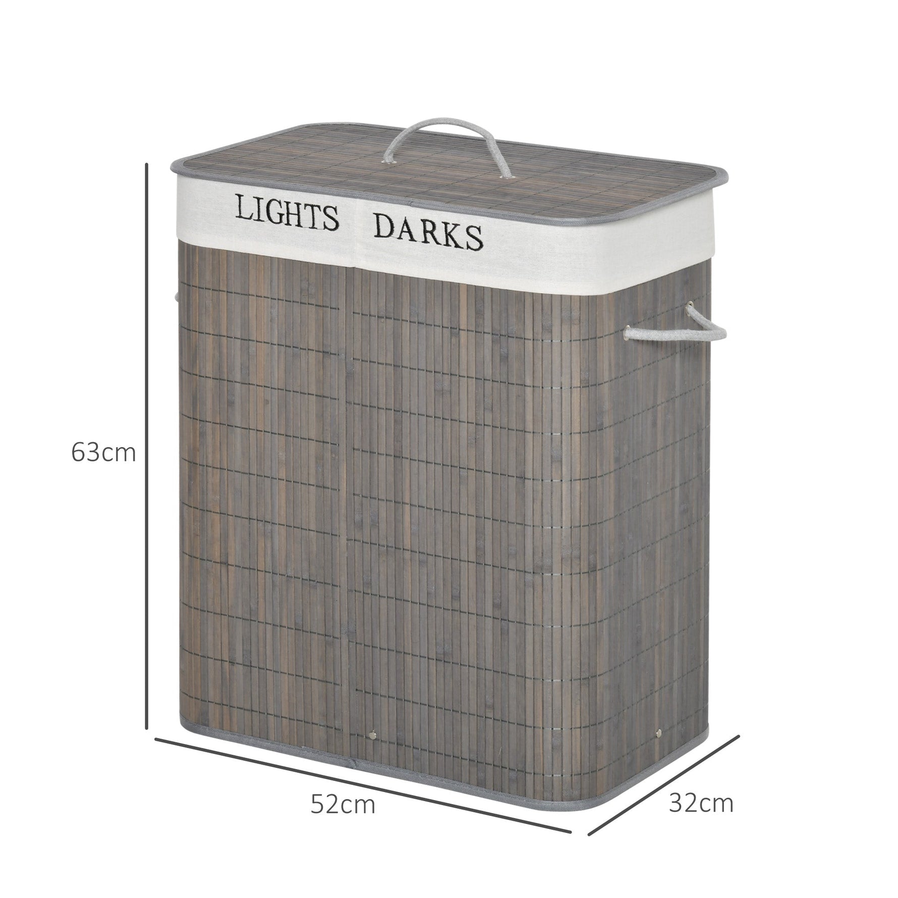 Laundry Basket 100L 2 Compartments Foldable Bamboo, Grey