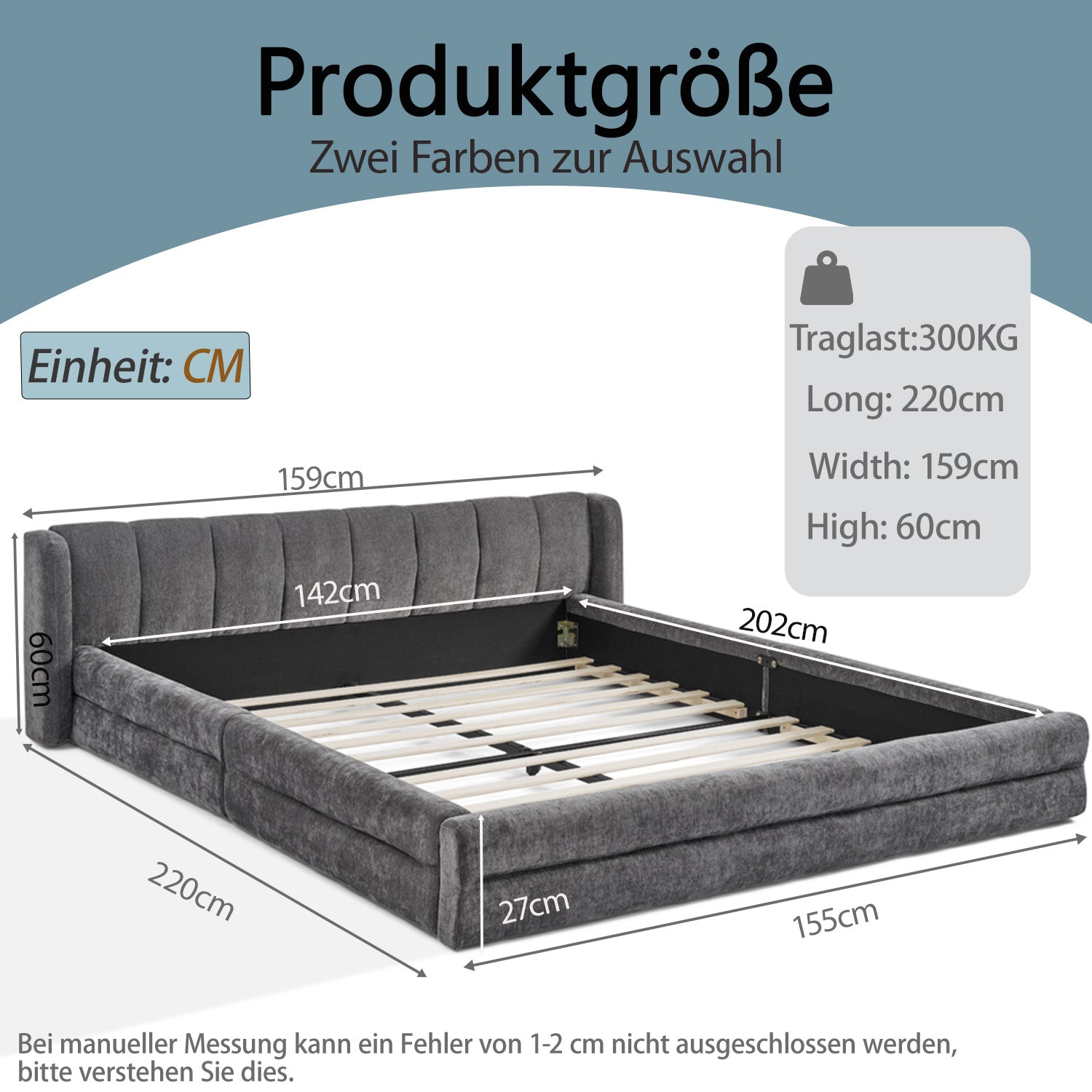 Double Bed 140x200cm Comfortable Backrest Chenille - Dark Grey