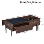 Modern Coffee Table with Drawers, Glass Top & Storage, Dark Brown Wood & Marble-Effect