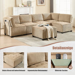 Modular Sofa 6-Seater Convertible Sleeper with Storage Pockets, Corduroy Khaki