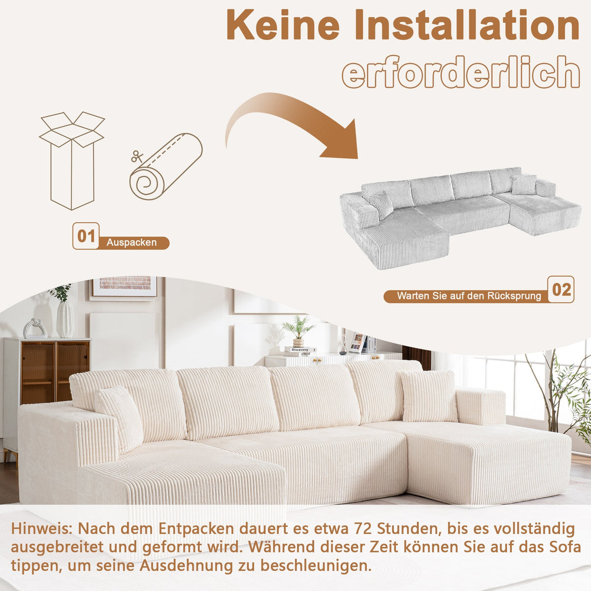 Modern U-Type Leisure Sofa with Modular Non-Assemble Design and Lounge Chairs, Lamp Fabric