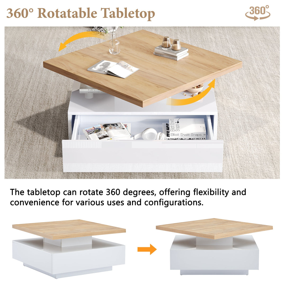 Multifunctional Swivel Coffee Table with Storage, White and Walnut