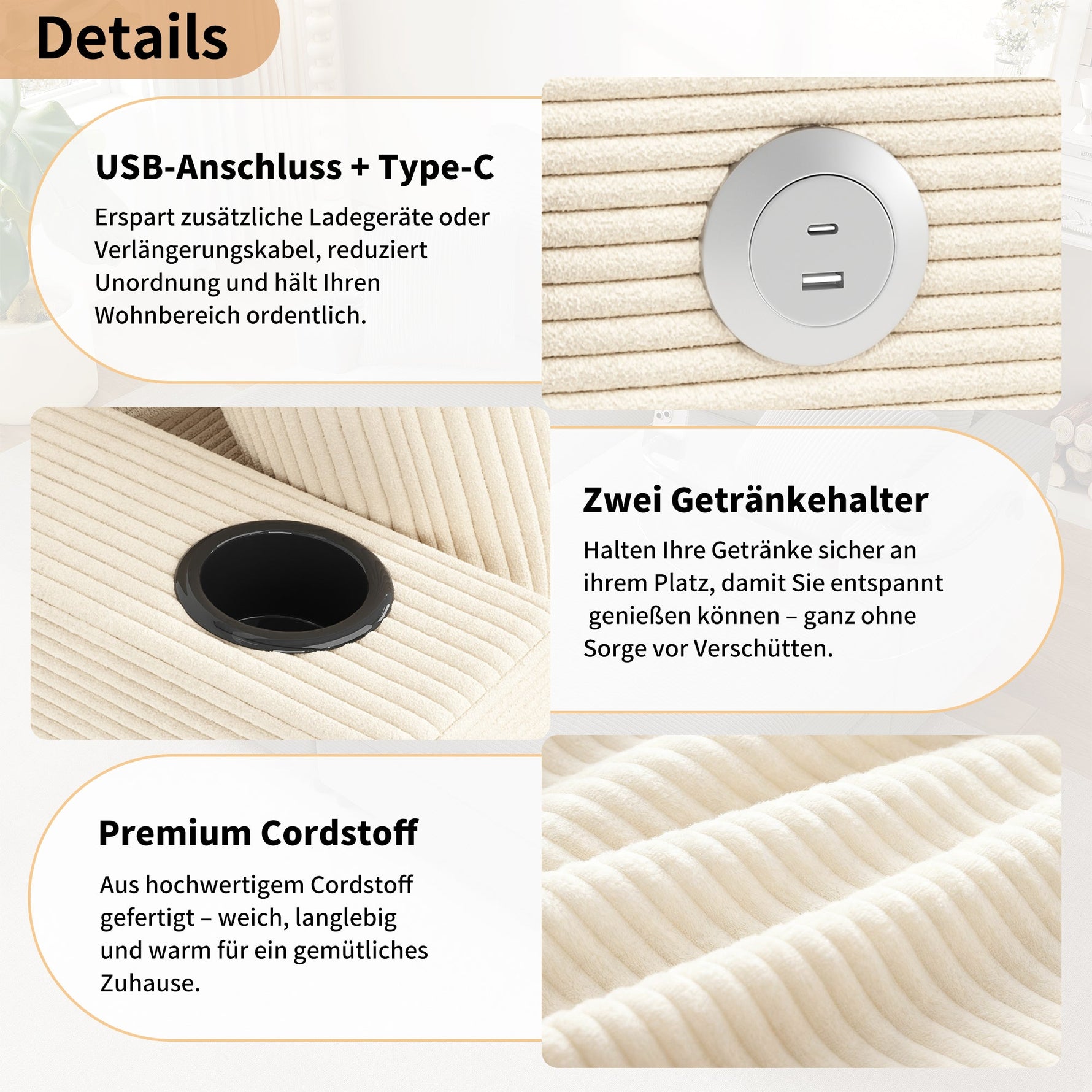 Double Sofa Bed with Sleeping Function, USB Port & Cup Holder - Beige