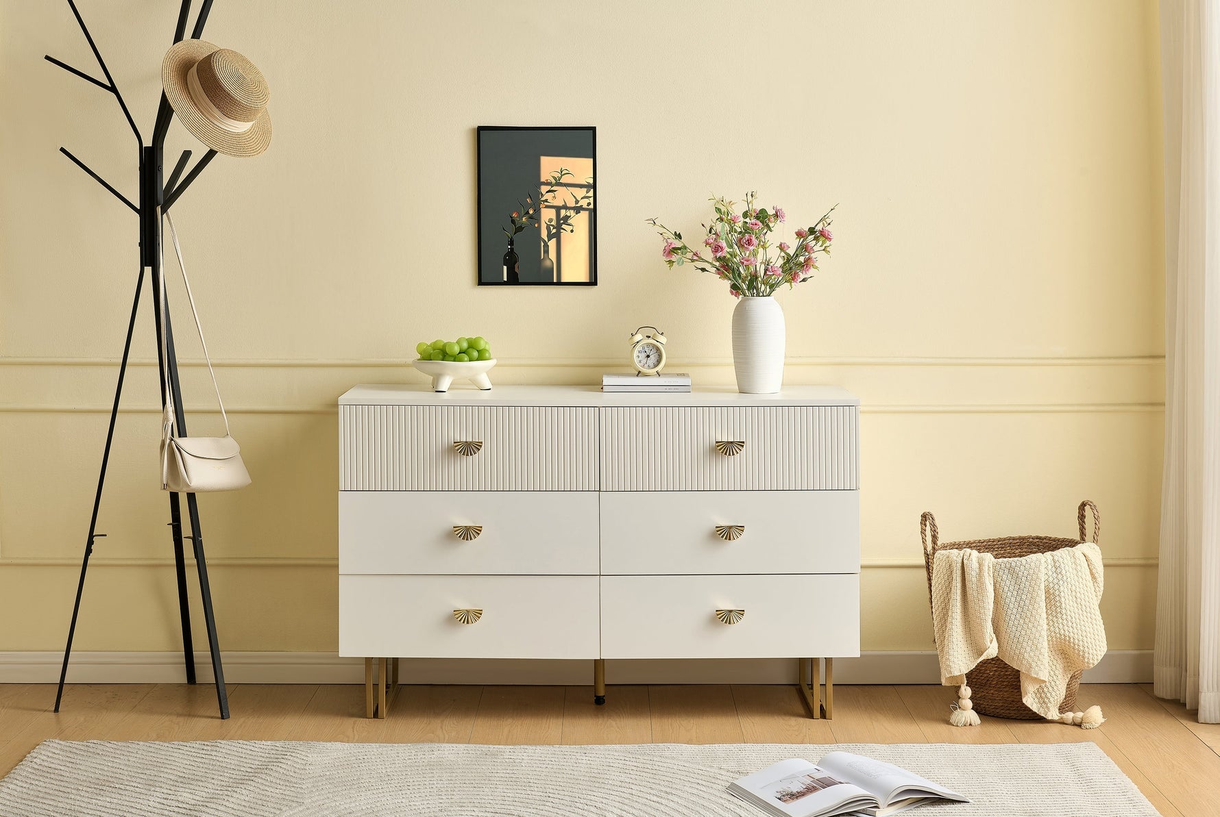 Sideboard, 6-Drawer Elegant Design, White and Gold MDF and Steel
