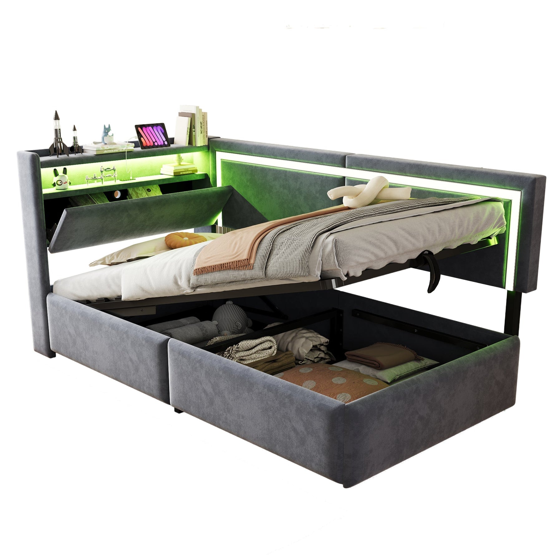 Upholstered Sofa Bed 90x200 cm with LED Lighting, USB Ports and Hydraulic Storage, Dark Grey Velvet