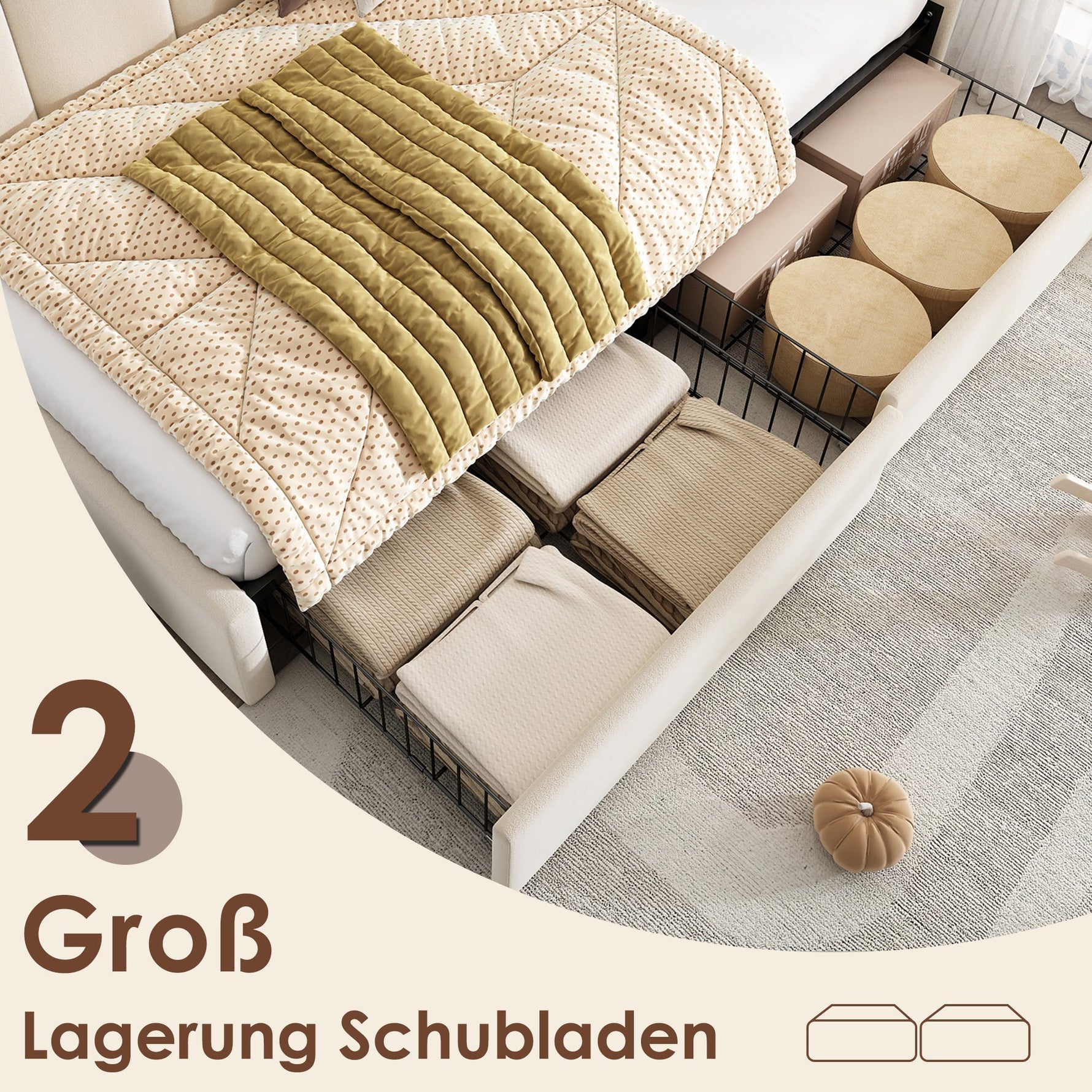 Upholstered Single Bed with Storage Drawers and Slatted Frame, Beige Samt