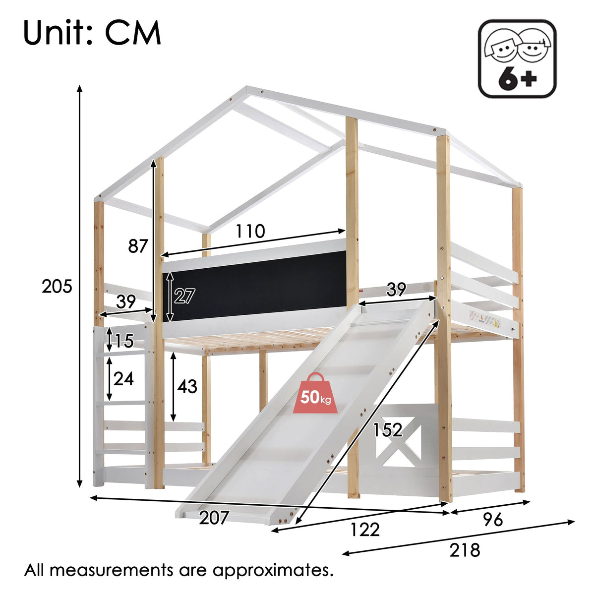 Children's Bed Tree House, Loft Bed with Slide & Ladder, 90x200cm, Natural & White