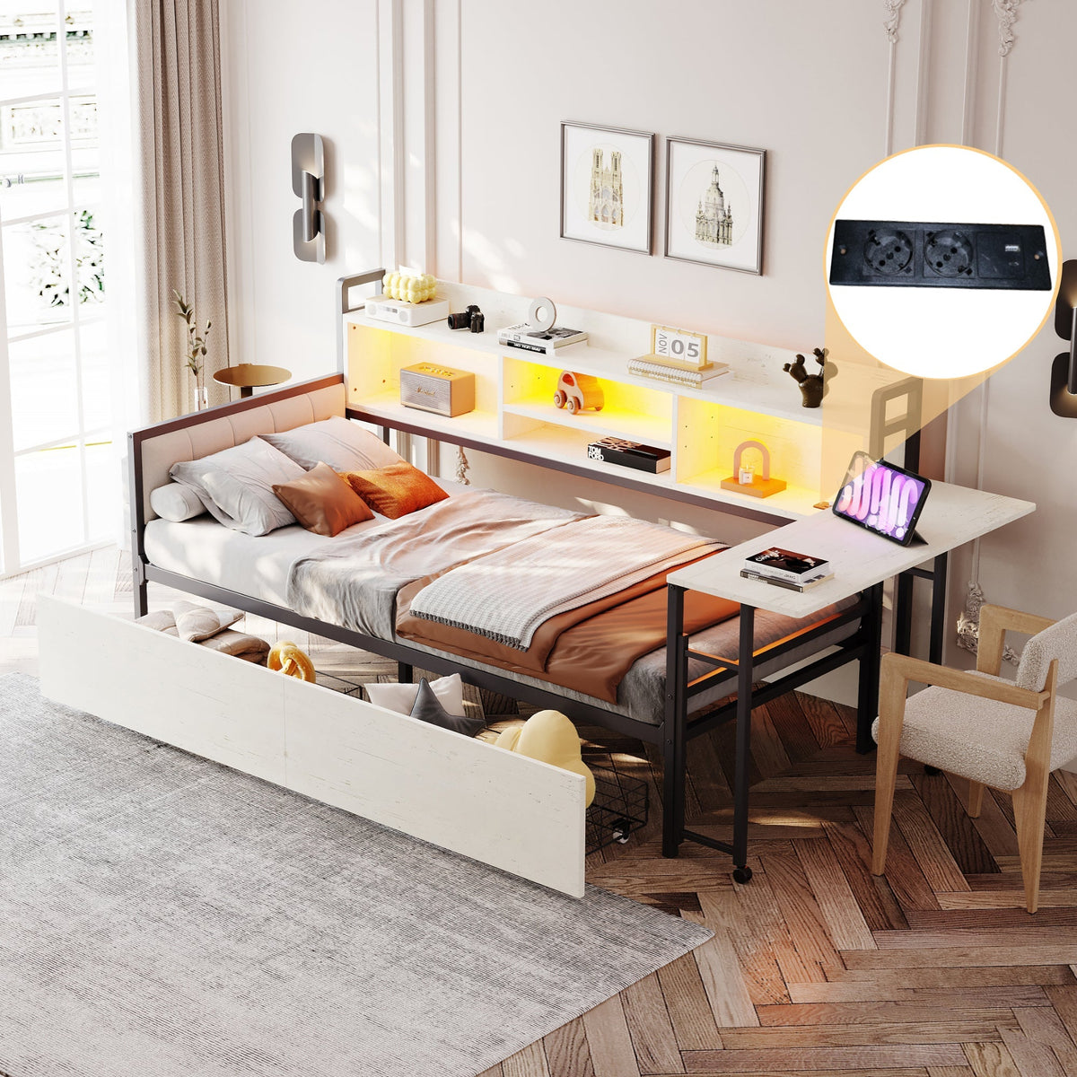 Iron Sofa Bed 90x200cm LED Storage Drawers Fold-Out Desk White