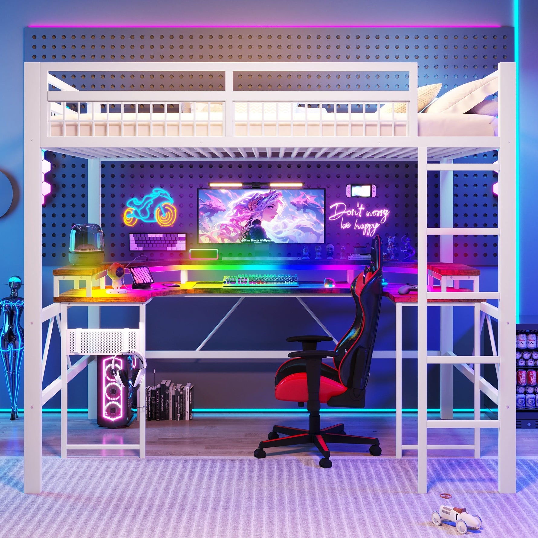Loft Bed with Desk, LED Light Strip, USB Ports and Pegboard, White Metal Frame