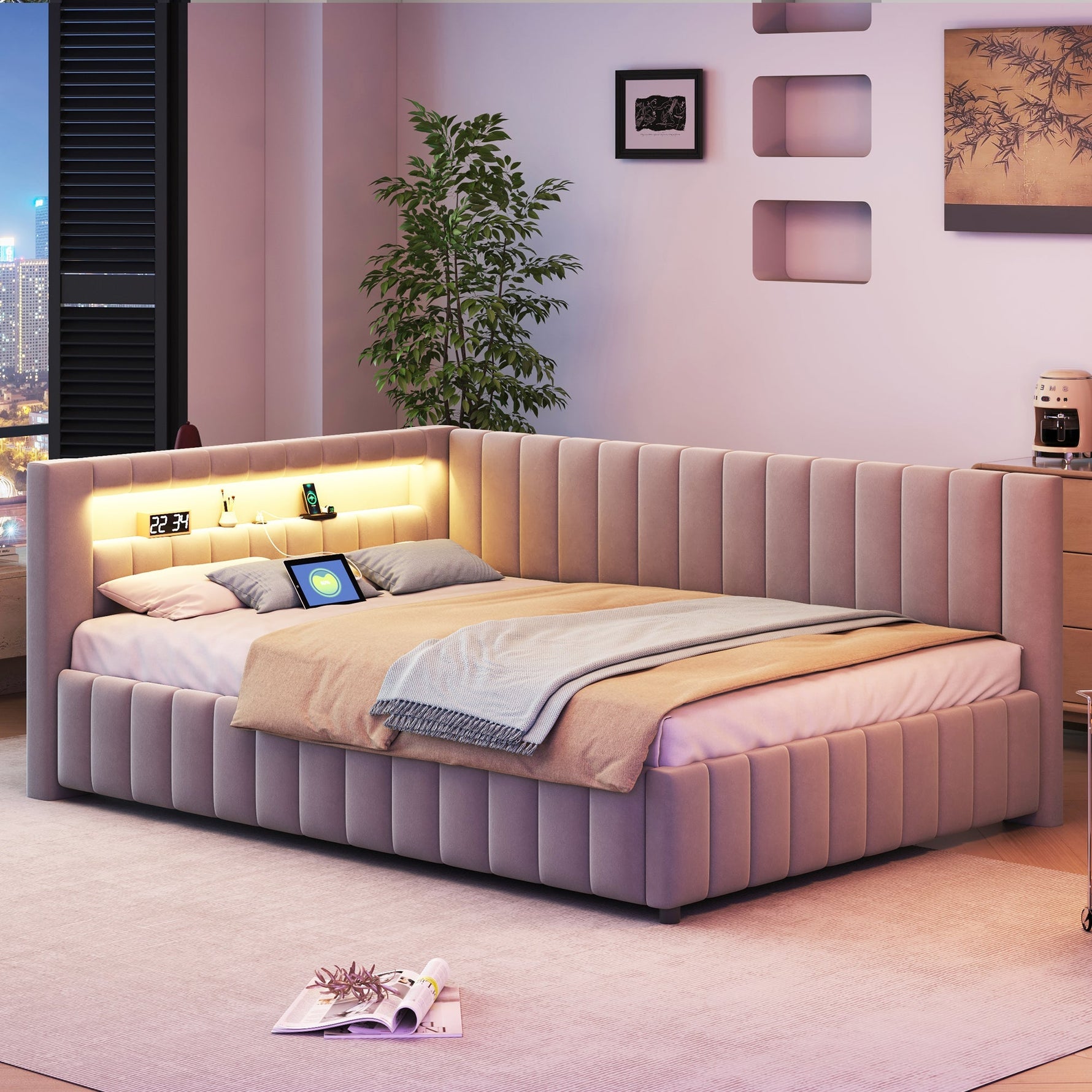 Sofa bed 140x200, LED light USB port, velvet grey