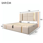 Upholstered Double Bed, USB C LED Storage Frame, Beige Linen