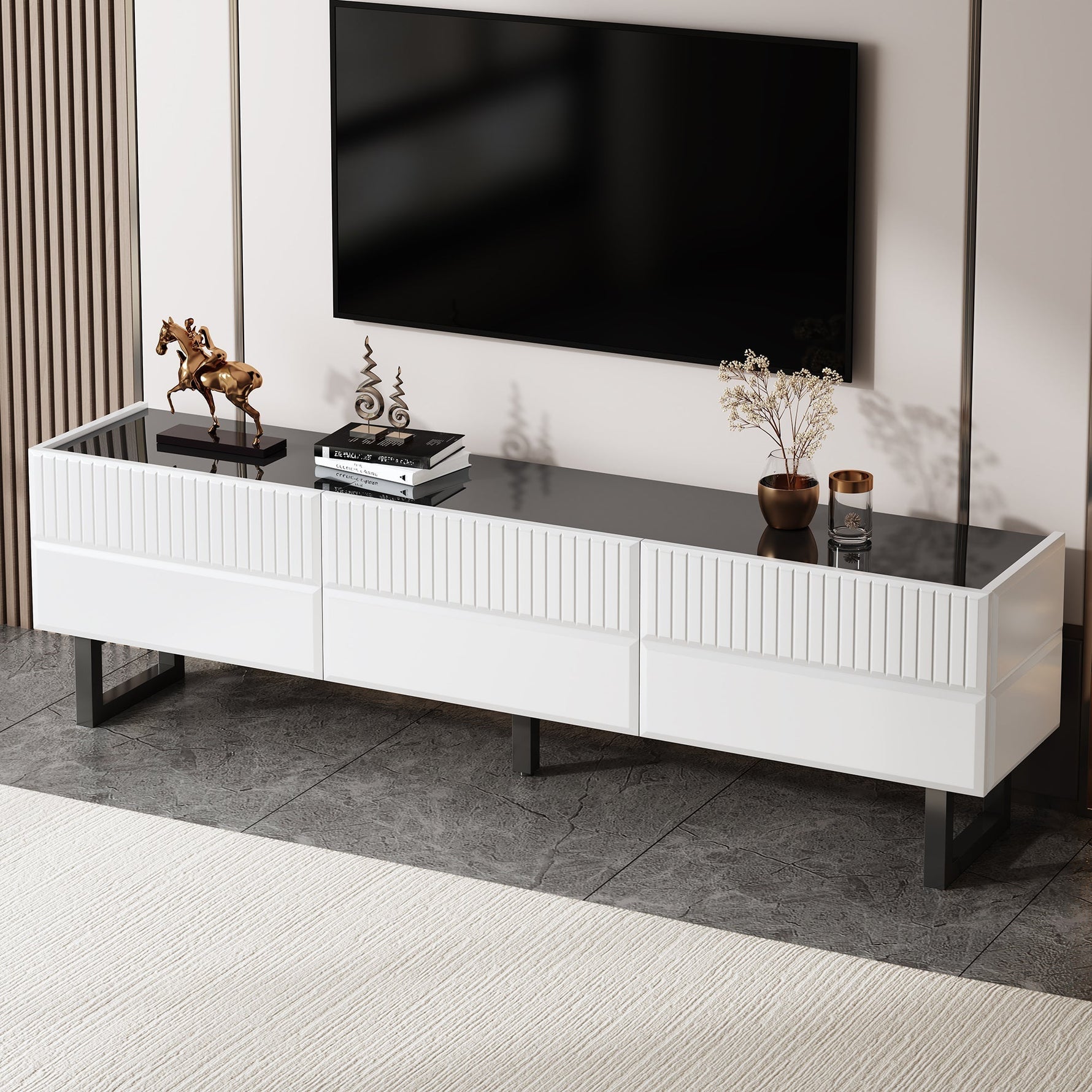 TV Stand Low Unit with Three Drawers 170cm Black and White