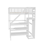 Loft Bed, 140x200 with Stairs, Storage, Wardrobe, White Wood
