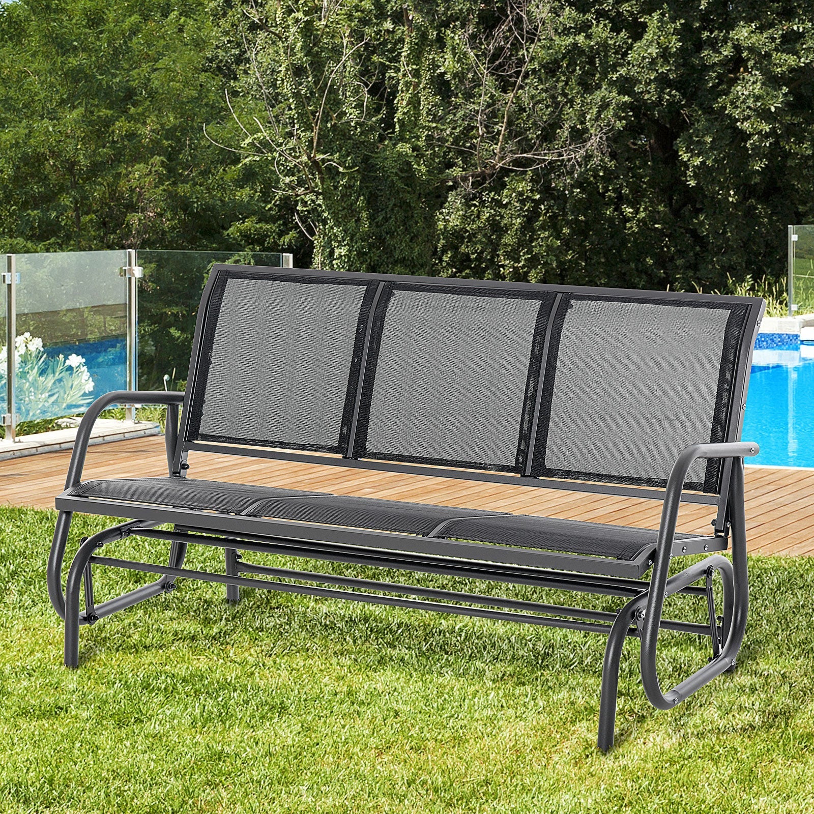 Rocking Chair 3-Seater Garden Swing Sturdy Weatherproof, Metal Black