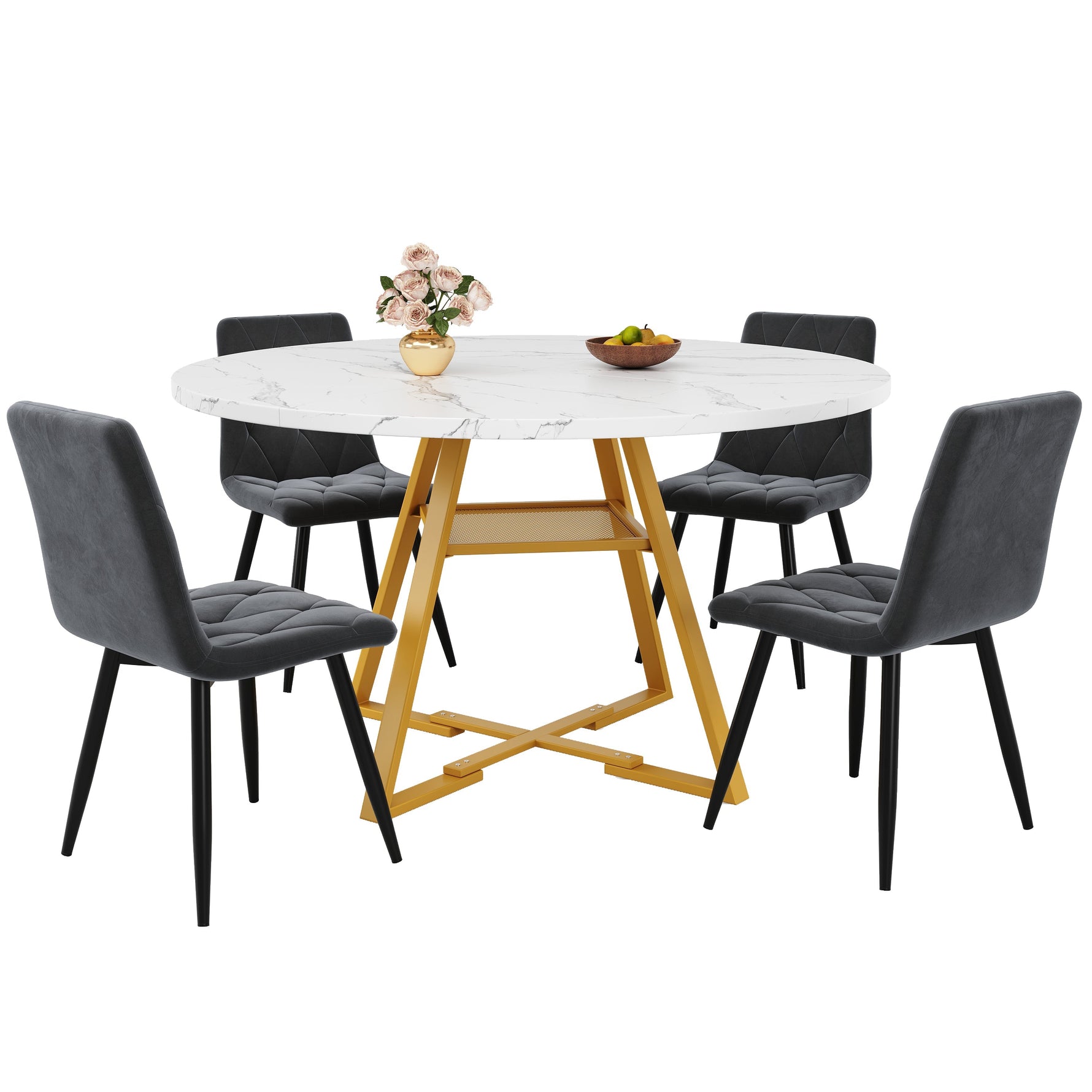 Round Dining Table Metal Legs Marble Look - Black/White